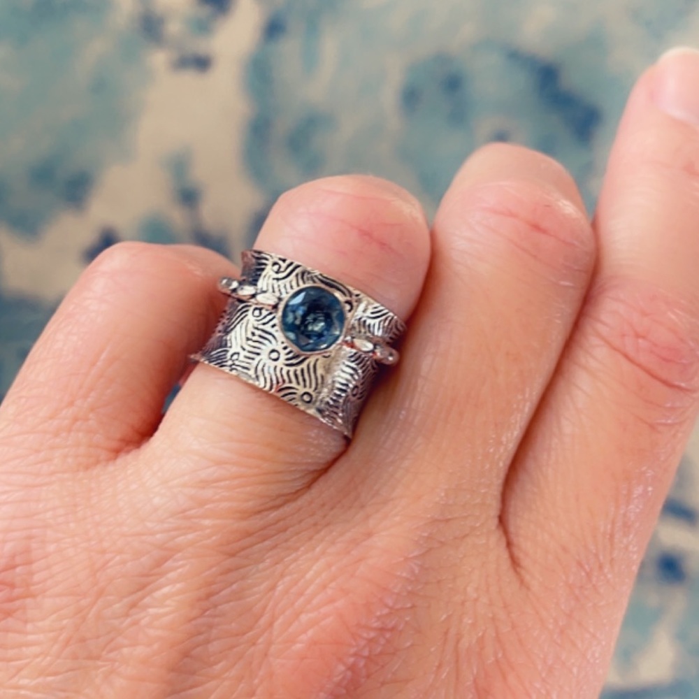 Fidget Ring Blue Topaz Spinner Sterling Silver Artisan Anxiety Ring - Picture 5 of 10